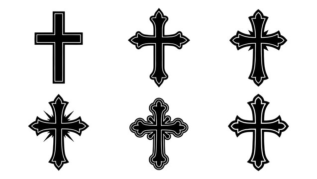 Gothic Christian cross collection, 6 black religious vector icons, ornate medieval crucifix set for tattoos and church branding