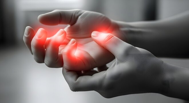 Psoriatic arthritis and finger tip inflammation. Dermatological condition and joint swelling. Hands rubbing fingers with glowing red heat spots on tips and knuckles showing chronic pain