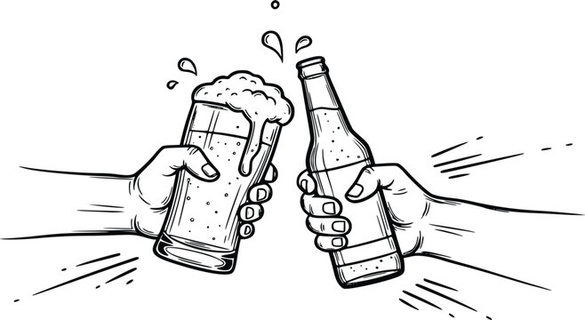 Beer cheers hand drawn sketch vector with glass and bottle for party and festival design on white