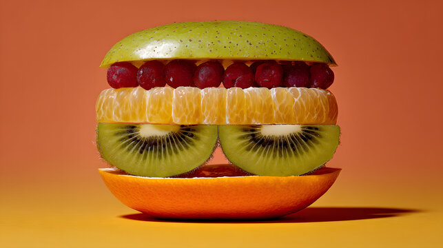 Green pear slice cranberry row orange segment kiwi halves orange base stacked surreal fruit burger with playful mood