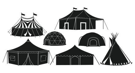 A collection of various tent and structure silhouettes including a circus tent and teepee in black silhouette high quality professional detailed © CreativeAkash099