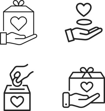Collection of four line art icons representing charitable giving, donations, and acts of kindness with hearts and gift boxes.