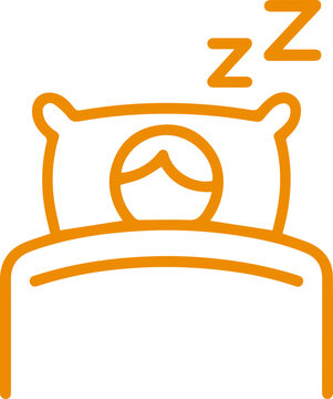 Simple orange line icon of a person sleeping peacefully in bed with 'ZZZ' symbols indicating sleep