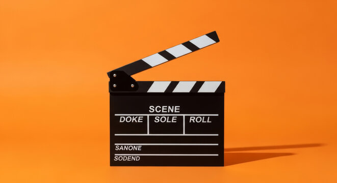 Classic Black Film Clapperboard on A Vibrant Orange , Capturing The Essence of Filmmaking and Creativity Concept Creative Innovation