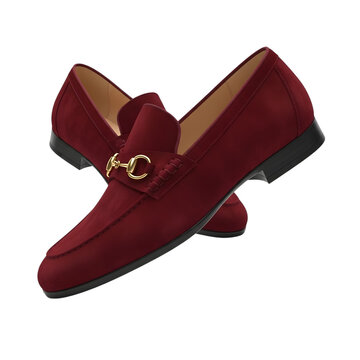 Luxurious burgundy suede loafers with a golden snaffle bit detail for a sophisticated look isolated on transparent background