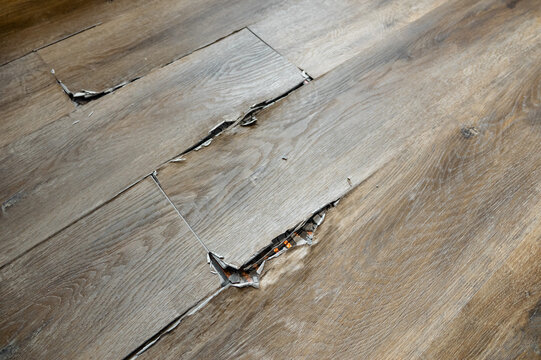 buckled laminate floor with torn planks and visible crack caused by heated floor expansion. closeup of damaged floor covering with lifted edges