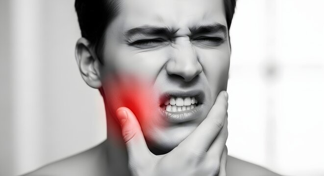 Toothache pain and dental emergency care. Gingivitis symptoms and oral health problems. Man holding painful jaw with red inflammation highlighting sensitive teeth
