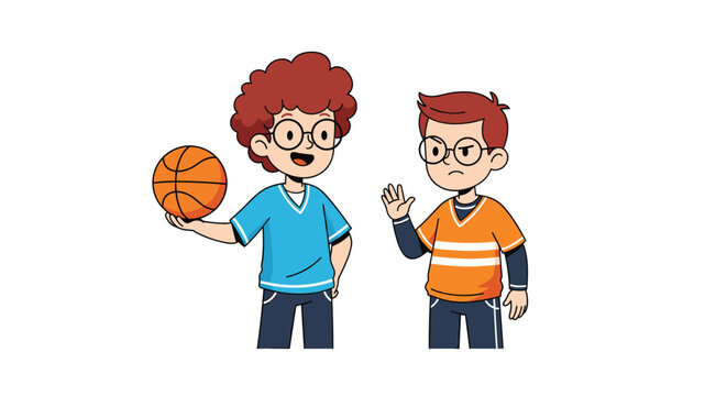 Enthusiastic boy holding a basketball while another boy stands nearby with an unhappy and annoyed expression on face.