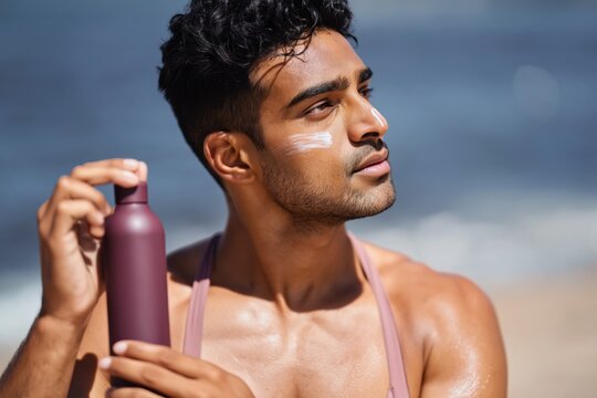 Man applying sunscreen cream near face at beach shore