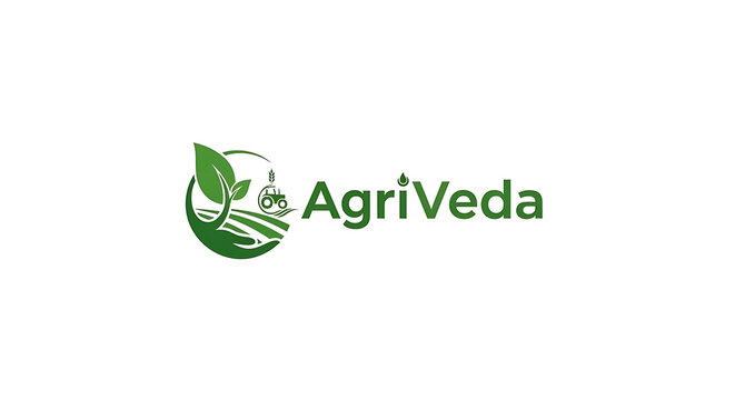 AgriVeda logo features a leaf, farm field, and tractor symbolizing agriculture.