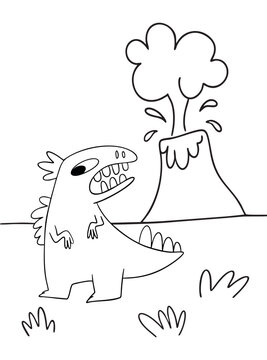 Vector coloring page for kids. Dinosaur against a volcano background. Outline drawing