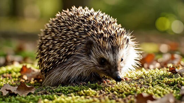 Hedgehog snuffles through green mossy forest floor with fallen leaves.