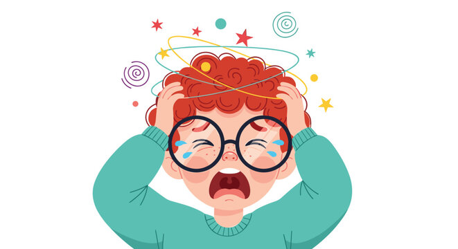 Distressed cartoon boy with glasses crying and holding his head with dizzy stars and swirls indicating a painful headache or stress.