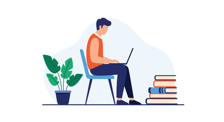 Fototapeta premium Professional man sitting on a blue chair and working on a laptop with a stack of books and a plant nearby for focus.