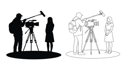 Filmmaking crew with camera and lighting contrasted designs silhouette © adobeamena