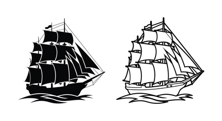 Two vintage sailing ships depicted in a striking black silhouette © adobeamena