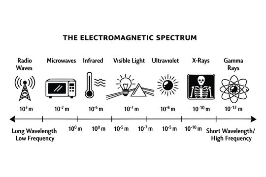 Illustration of the electromagnetic spectrum with wavelengths and frequency ranges Vector