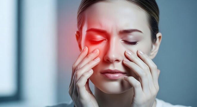 Facial nerve pain and maxillary sinus inflammation. Dermatology and medical diagnosis. Woman touching her cheek and nose area with red glowing light representing discomfort