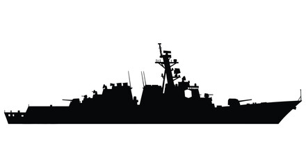 Detailed black silhouette of a modern naval destroyer ship silhouette © adobeamena