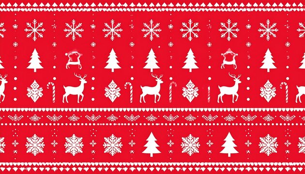 Festive red background with repeating white Christmas motifs snowflakes, trees, reindeer, chairs, and candy canes. Intricate patterns throughout