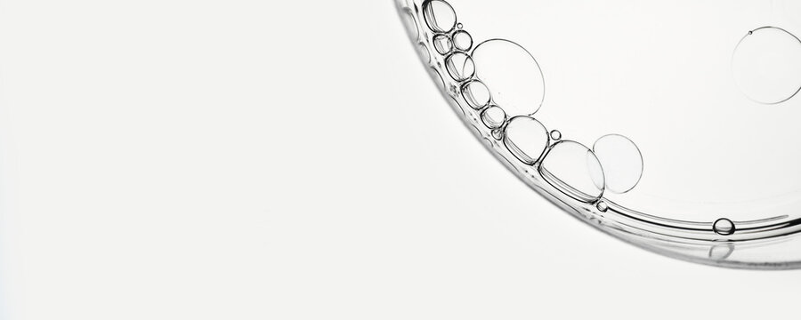 Oil droplets abstract patterns in transparent petri dish, banner format