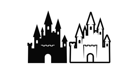 Two detailed castle illustrations presented in contrasting styles silhouette © adobeamena