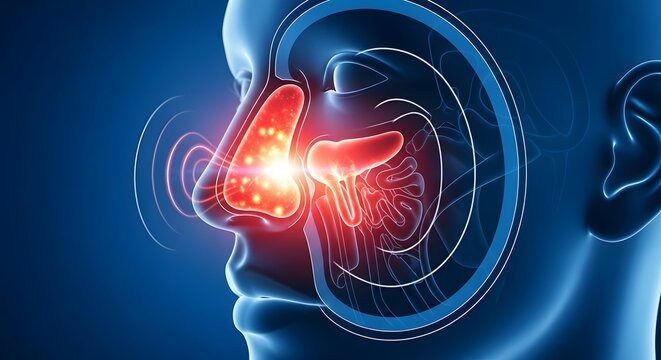 Chronic sinusitis and paranasal sinus inflammation. Allergic rhinitis and nasal congestion relief. 3D medical illustration showing glowing bacteria or inflammation in sinus