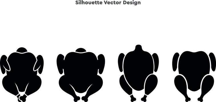 Silhouette set of cooked poultry and Thanksgiving turkeys. Vector set of roasted chicken silhouettes. Festive dinner meal icons for restaurant menu card vector illustration.