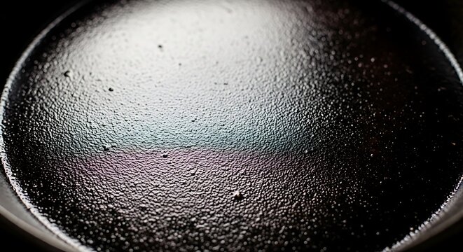 A close-up of a wet black frying pan with a rainbow reflection
