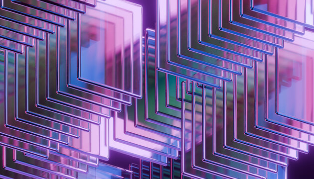 Abstract geometric pattern with overlapping metallic frames and vibrant pink and purple lighting