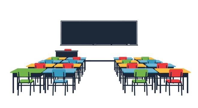 Empty classroom with rows of desks and a blackboard silhouette