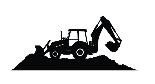 Black silhouette of a backhoe excavator on a dirt mound silhouette