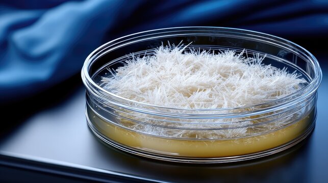 Close-up view of a petri dish showing mold and bacteria growth in a laboratory setting during daylight with detailed focus on the micro-organisms