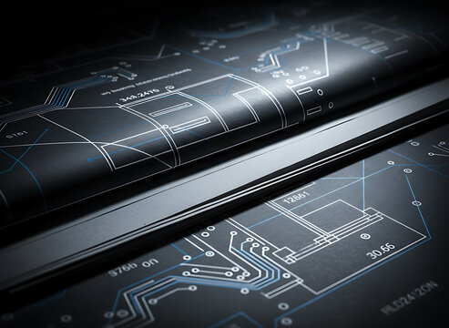 Closeup of technical engineering blueprints and electronic circuit board schematics