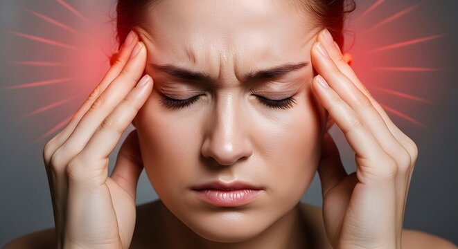 Intense migraine and cluster headache pressure. Mental health and chronic pain awareness. Woman holding temples with both hands experiencing severe throbbing head pain