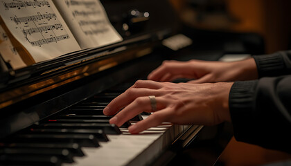 Obraz premium Close up of a musician’s hands playing piano keys during a musical performance