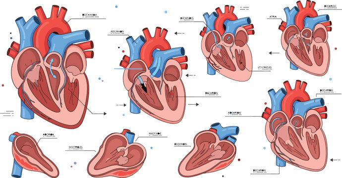 Human heart anatomy illustrations set with labeled structure chambers arteries veins and medical educational diagram collection