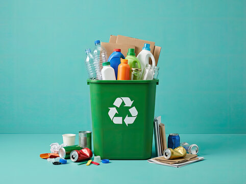 A green recycling bin filled with trash and recyclables on a teal surface and background