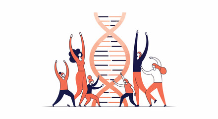 Fototapeta premium Diverse group of people celebrating and holding hands around a large DNA helix, symbolizing unity and scientific discovery