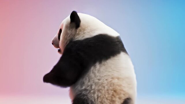 A panda bear sitting alone on pastel background