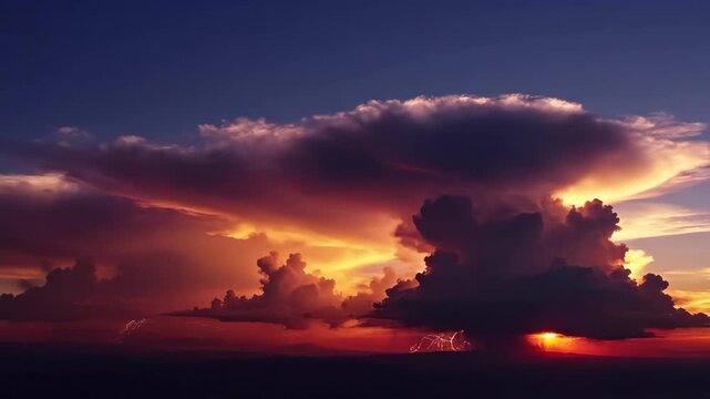 Dramatic sunset thunderstorm with lightning strike illuminating dark cumulonimbus clouds at golden hour