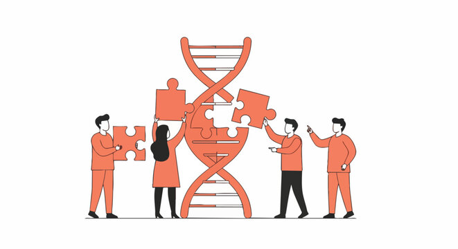 Team of Scientists Collaborating to Assemble DNA Puzzle. Genetic Engineering, Biotechnology Research, and Scientific Innovation Concept.