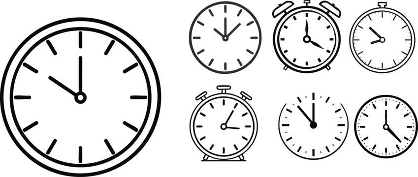 Minimal Clock Outline Icon Illustration with Simple Stroke Lines Depicting Timekeeping Symbol Isolated on a White Background for Minimalist, Productivity, and UI Design Projects
