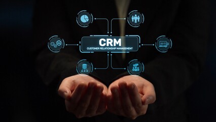 Fototapeta premium CRM platforms improve customer relationships through data analysis, CRM communication tools, and automation. CRM systems support customer management, tracking, and CRM relationship success. Muxer