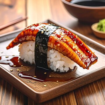 Close-up of a single sushi piece atop a wooden tray, glistening with sauce. Rice is under a dark seaweed wrap, and a glazed fish tops it