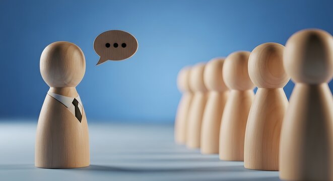 Manager peg figure with a chat icon speaking to a row of employees, representing effective team communication, leadership guidance, and corporate management strategy on a blue background