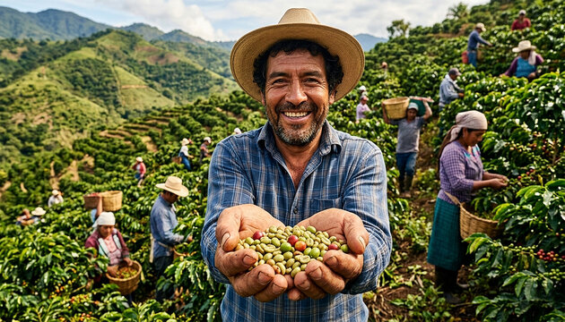 Cheerful coffee grower holding a handful of raw organic coffee beans on a plantation background