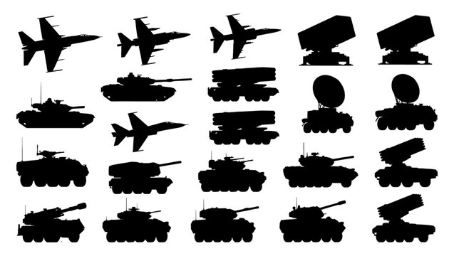 Military vehicle silhouettes set, 20 black army icons including tanks and fighter jets, armored war machine vector collection for tactical design