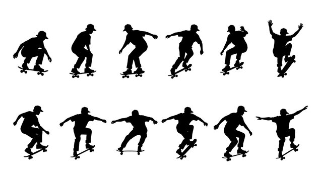 Skateboarder silhouette vector set, 12 black silhouettes of skaters performing tricks and jumps, extreme sports athlete icons for urban graphic design