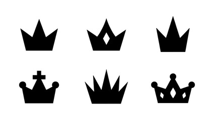 Minimalist crown icon set, 6 black royal tiara silhouettes, geometric king and queen headwear vector collection for luxury branding and logo design © Shahida